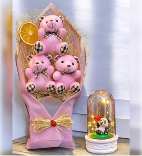 Büyük Pembe Peluş Ayıcık Buketi ve Led Işıklı Sevimli Pandalı Fanus  Ayıcık Buketi