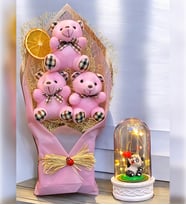 Büyük Pembe Peluş Ayıcık Buketi ve Led Işıklı Sevimli Pandalı Fanus  Ayıcık Buketi