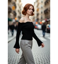 Kadın Carmen Yaka Fitted Akrilik Triko Bluz Uzun Reglan Kollu Fitilli Dokuma İlkbahar Sonbahar