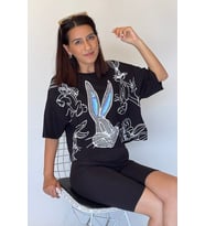 Kadın Bugs Bunny Taş Süslemeli Kısa T-Shirt (Siyah)