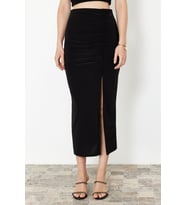 Moda Slim Fit Günlük Maxi Boy Siyah Beyaz Desenli Büzgülü Yırtmaçlı Astarlı Esnek Midi Etek