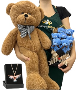 7'li Peluş Ayıcık Buketi, Renkli Anka Kuşu Kolye ve Kahverengi Peluş Ayıcık (Model 5)