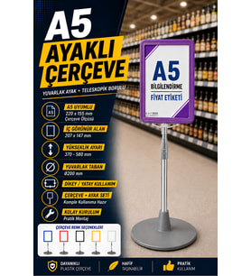 A5 Ayaklı Menü ve Fiyat Bilgi Standı Yuvarlak Tabanlı Teleskopik Çerçeve Etiketlik Mor