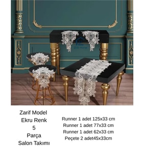 Zarif Model Krem Dantelli Masa Örtüsü Runner Seti Çeyizlik Salon Takımı 5 Parça