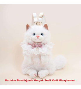 Kedi Sırt Çantası Büyük Boy BEYAZ Peluş Fermuarlı Çocuk Sırt Çantası