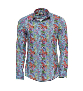 Kırmızı Çiçek Desenli Slim Fit Uzun Kollu Lacivert Erkek Gömlek - Wessi