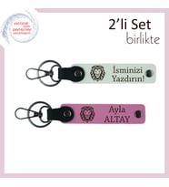İsme Yazılabilir Kaplan Motifli Anahtarlık, Doğum Günü Hediyelik 2’li Set, Beyaz-Pembe