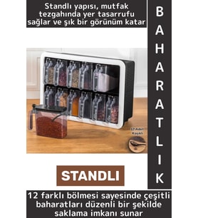 Dayanıklı Sert Plastik Şeffaf Kaplı Mutfak Çok Şık Modern Standlı Kaşıklı 12'li Özel Baharatlık Seti