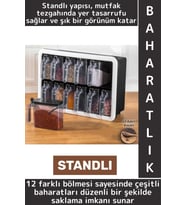 Dayanıklı Sert Plastik Şeffaf Kaplı Mutfak Çok Şık Modern Standlı Kaşıklı 12'li Özel Baharatlık Seti