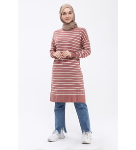 Kadın Çizgili Uzun Triko Tesettür Tunik 4355 (Pudra)