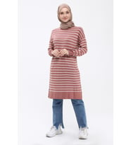 Kadın Çizgili Uzun Triko Tesettür Tunik 4355 (Pudra)