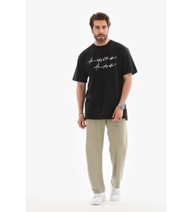 Erkek Kısa Kol Yazlık Tişört Bisiklet Yaka Baskılı Oversize T-Shirt - Siyah