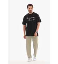 Erkek Kısa Kol Yazlık Tişört Bisiklet Yaka Baskılı Oversize T-Shirt - Siyah