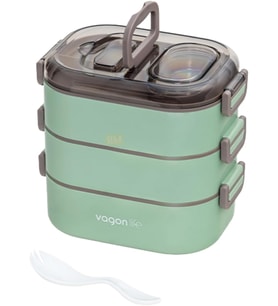 Vagonlife Bento 1450ml Lunchbox Üç Katlı 5 Bölmeli ve Mini Sosluklu Çelik Sefer Tası Yemek Kutusu (Yeşil)