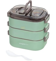 Vagonlife Bento 1450ml Lunchbox Üç Katlı 5 Bölmeli ve Mini Sosluklu Çelik Sefer Tası Yemek Kutusu (Yeşil)