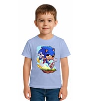 Unisex Sonic Baskılı Çocuk Tişört pamuklu penye kumaş (Mavi)