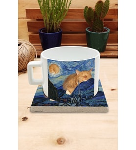 Kediler ve Sanat/Van Gogh Set 4 - Yıldızlı Gece(Starry Night) Fincan Kupa-Taş Bardak Altlığı 9