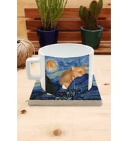 Kediler ve Sanat/Van Gogh Set 4 - Yıldızlı Gece(Starry Night) Fincan Kupa-Taş Bardak Altlığı 9