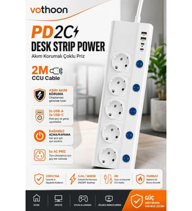 5 li Akım Korumalı Çoklu Priz 2 Metre Kablolu 3680w 16a 5 Anahtarlı 2usb-a 2 Usb-c Pd 20w Hızlı Ftr-28