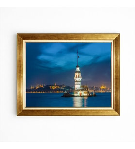Tablore Gece Mavi Kız Kulesi Manzaralı Altın Çerçeveli Kanvas Salon Tablosu