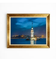 Tablore Gece Mavi Kız Kulesi Manzaralı Altın Çerçeveli Kanvas Salon Tablosu