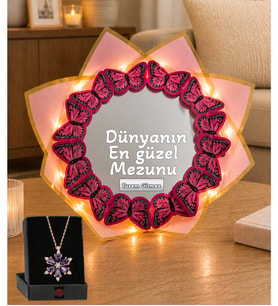 Kişiye Özel Mezuniyet Led Işıklı Aynalı Pembe Kelebek Buketi Dünyanın En Güzel Mezunu & Lotus Kolye