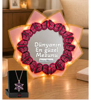 Kişiye Özel Mezuniyet Led Işıklı Aynalı Pembe Kelebek Buketi Dünyanın En Güzel Mezunu & Lotus Kolye
