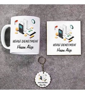 Vergi Denetmeni Kupa Bardak Altlık ve Anahtarlık Hediye Seti (Model 1)