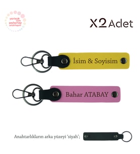 Öğrenciye Doğum Günü Armağanı, İsim & Soyisim Yazılı 2’li Anahtarlık Seti, Sarı-Pembe-Siyah