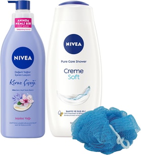 Creme Duş Jeli 500Ml Kiraz Çiçeği Nemlendirici Vücut Bakım Losyonu 400Ml, Banyo Lifi Hediye