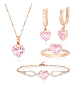 925 Ayar Gümüş Swarovski Rose Gold Kalp Takı Seti
