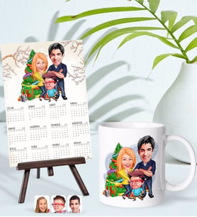 BK Gift Kişiye Özel Aile Yılbaşı Karikatürlü Kupa Bardak ve 13x18cm Fotoğraf Kartlı Şövaleli 2024 Takvim Hediye Seti-3