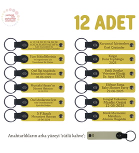 Sarı & S Kahve, Mini Parti Organizasyon Hediyesi, 12’li Set, Kişiye Özgü Yazılı Deri Anahtarlık