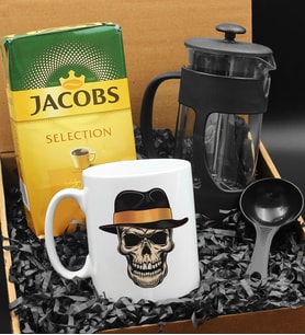 Özel Tasarımlı Şapkalı Kuru Kafa Kupa & French Press & 250 Gram Jacobs Selection Filtre Kahve Hediye Seti