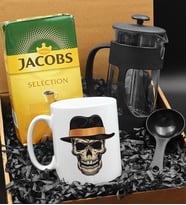 Özel Tasarımlı Şapkalı Kuru Kafa Kupa & French Press & 250 Gram Jacobs Selection Filtre Kahve Hediye Seti