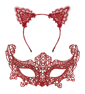 Romantik Kırmızı Dantel Maske Seti – Kedi Kulaklı Taç ve Maske No 3