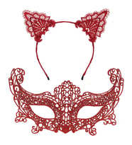 Romantik Kırmızı Dantel Maske Seti – Kedi Kulaklı Taç ve Maske No 3