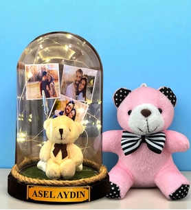 Size Özel Tasarlanacak Led Işıklı Fanus ve Pembe Peluş Anahtarlık Hediye Seti (Model 1)