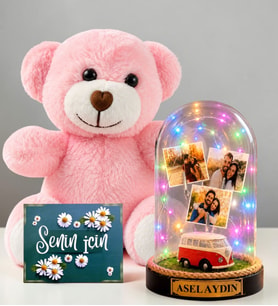 Kişiye Özel Yazılı 3 Fotoğraflı Renkli LED Işıklı Fanus(vosvoslu) ve Pembe Peluş Ayıcık Kadına Hediye Sevgiliye Hediye