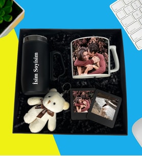 Kişiye Özel Lüx Kutu Termos Kulplu Bardak Çay Ve Nescafe Fincanı Peluş Ayıcık Anahtarlık İkili Siyah Masaüstü Çerçeve