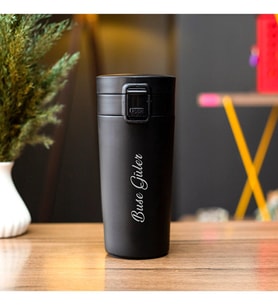 İsme Özel Siyah Premium Çelik Termos Bardak Kilitli Kapaklı 350 ML