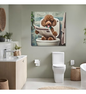 Tekli Kare Kanvas Banyo Tablosu Gazete Okuyan Kaniş Köpek