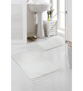 Vl Yıkanabilir Premium Ponpon Saçaklı Kaymaz Taban Post Peluş Banyo Paspası 2'li Takım (Ekru)