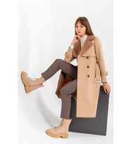 Pastelastore %100 Pamuk Gabardin Uzun (110cm) Çift Renk Garnili Astarlı Kemerli Kadın Trençkot 1114 (A.VIZON-BEJ)