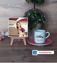 Happy Birthday Fotoğraflı Dekoratif Taş, Ahşap Altlıklı Türk Kahvesi Fincanı Hediye (Model 6)