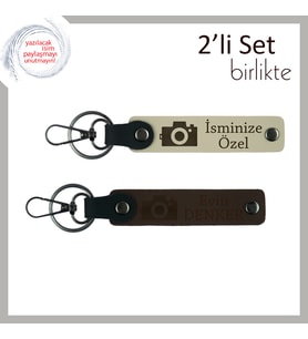 Deklanşörle Hatırla, Kamera Motifli, İsim Yazılabilir Kişisel Anahtarlık Set, Sütlü Kahve-Koyu Kahve