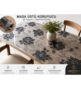 80 CM X 110 CM Masa Üstü Koruyucu Şeffaf SİYAH ÇİÇEK Desenli PVC Masa Örtüsü Silinebilir Koruyucu Kaplama