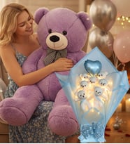 Sevgiliye Özel 90 cm Peluş Ayı ve LED’li Mavi Ayıcık Buketi Kalp Balonlu Sevgililer Günü Hediye Seti (Lila)
