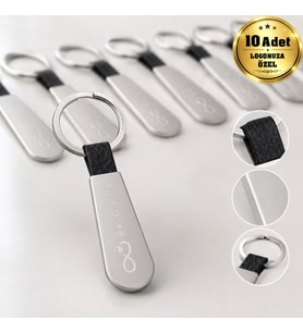 Logonuza Özel 10 Adet 2418 Çift Taraflı Metal ve Siyah Suni Deri Lazer Baskılı Anahtarlık