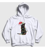 Presmono Unisex Beyaz Lights Cat Kedi Yılbaşı Kapüşonlu Sweatshirt 364407tt